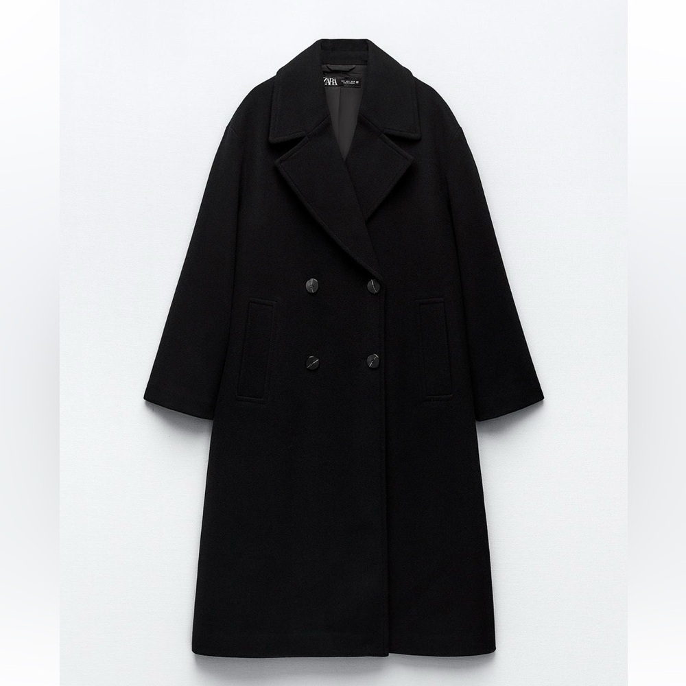 Zara Women's Black Double-Breasted Coat soft oversized coat